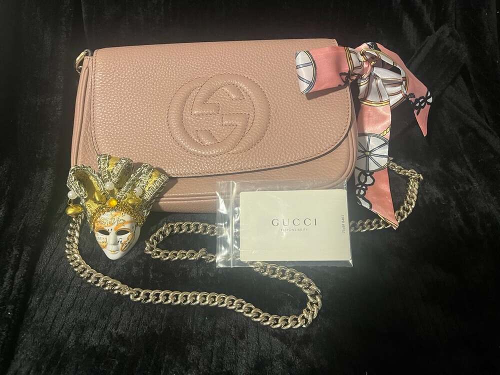 Gucci Soho Pebbled Leather Chain Shoulder Bag Rose Beige